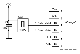 Beschaltung eines ATmega8 mit einem Quarzoszillator
