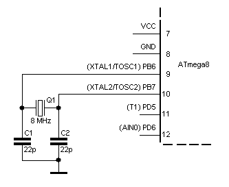Beschaltung eines ATmega8 mit einem Quarz