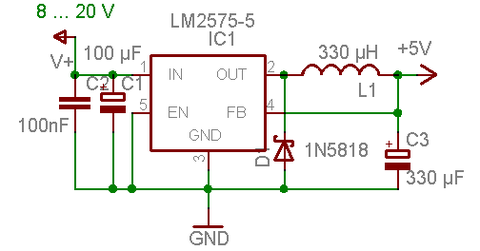 Beispielschaltung für Schaltregler mit LM2575-5: 5 V ca. 750 mA
